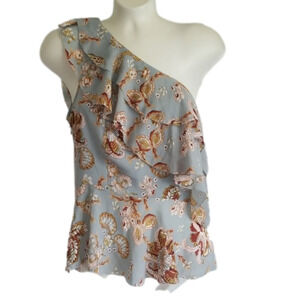 AMARYLLIS Top One Shoulder Floral Ruffle Dusty Blue Size Small